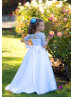 Blue Lace Tulle Keyhole Back Flower Girl Dress With Butterflies